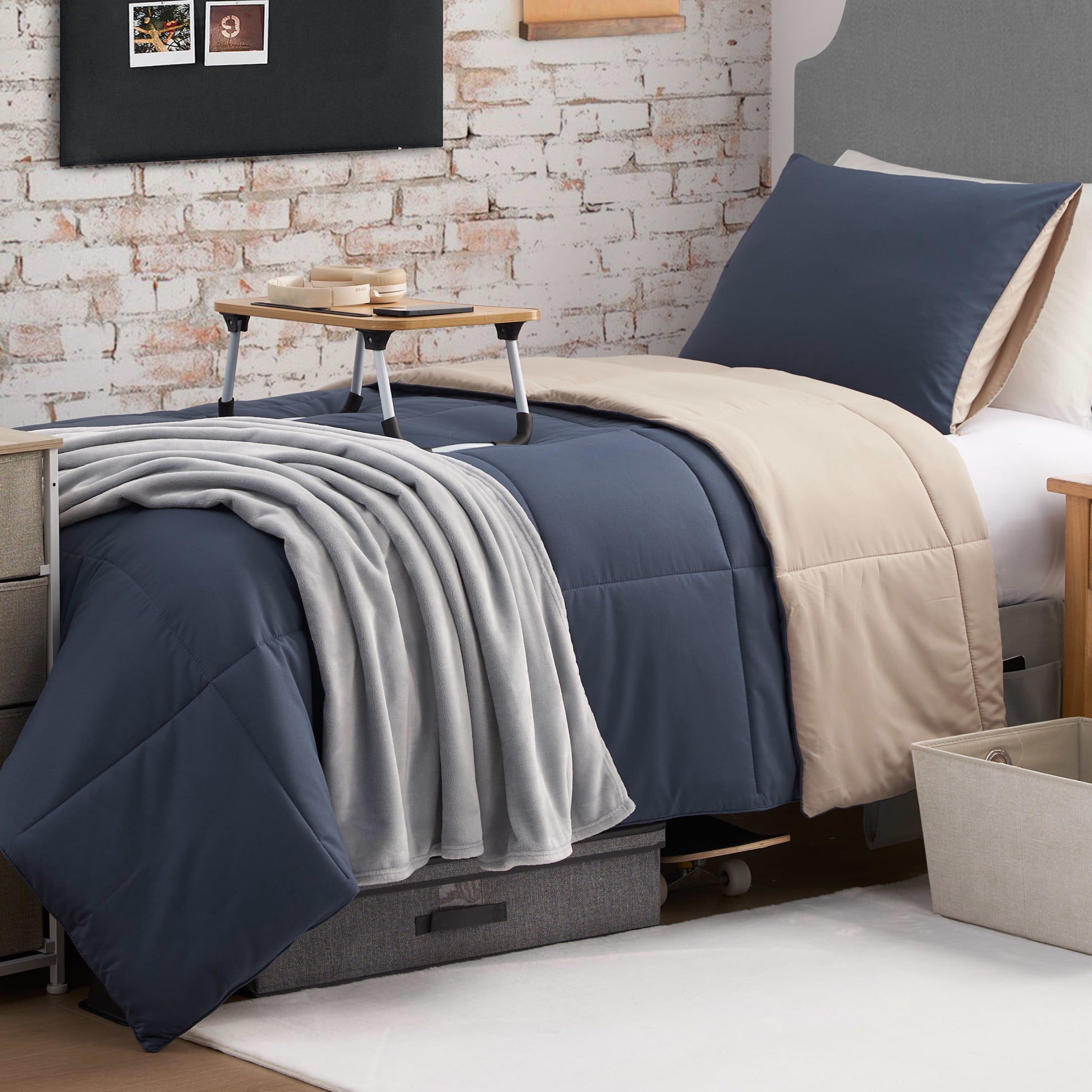 The Sheet Lab Reversible Box Stitch Comforter Set, 3-Piece Full/Queen – Navy Blue/Tan