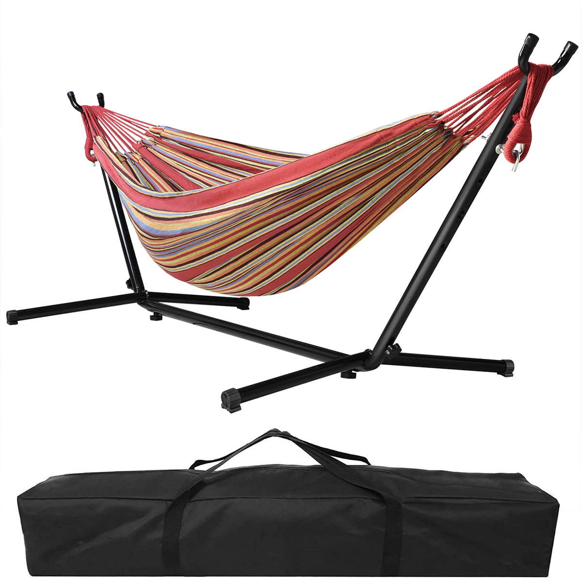 Indoor and Outdoor Double Hammock with Space Saving Steel Stand - for para Patio 450 lb Capacity - Premium Carry Bag Included Red/Orange Stripes 