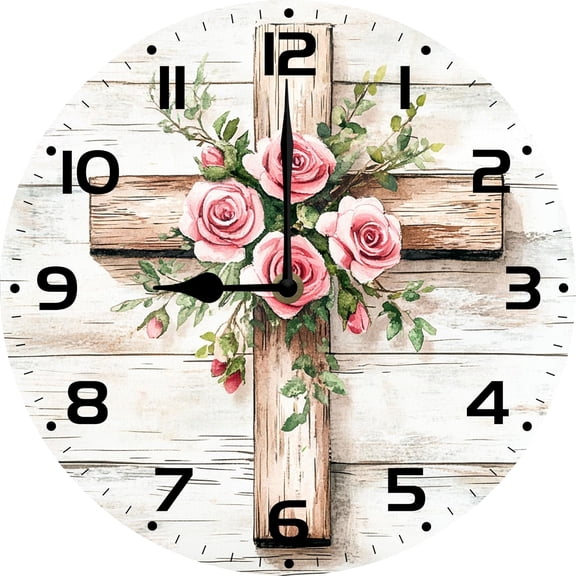 Wooden Cross Wall Clock Silent Non-Ticking Round 10-Inch Battery Operated Christian Decor for Kitchen Living Room Office Bedroom