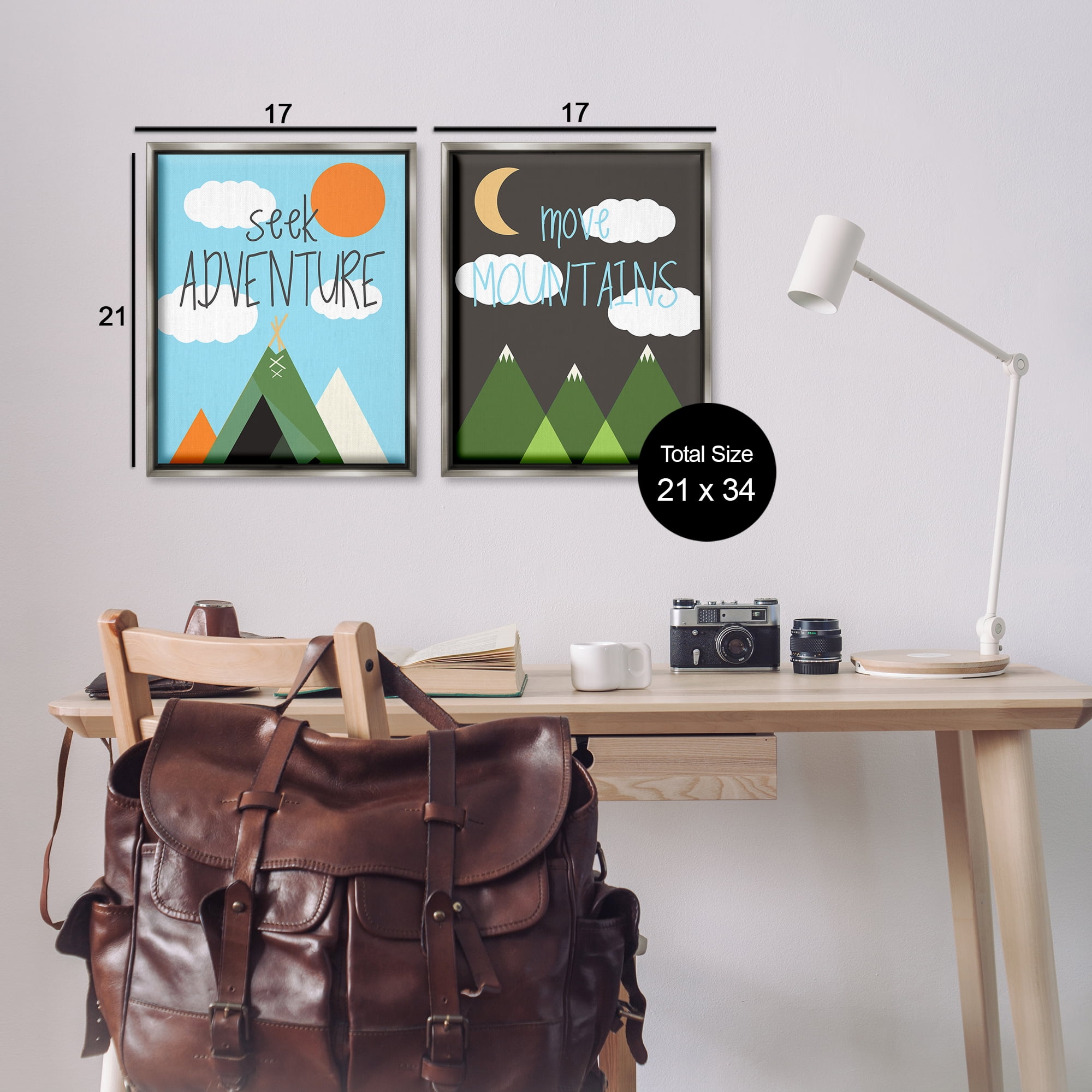 Stupell Industries Seek Adventure Move Mountains Text & Numbers Painting Gray Floater Framed Canvas Art Print Wall Art, 17 x 21, Set of 2