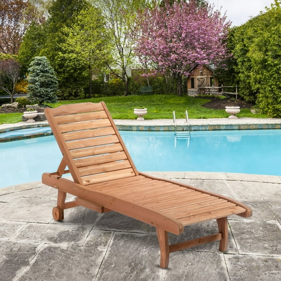 Outsunny Wooden Chaise Lounge Outdoor Patio Furniture Adjustable w/Pullout Table