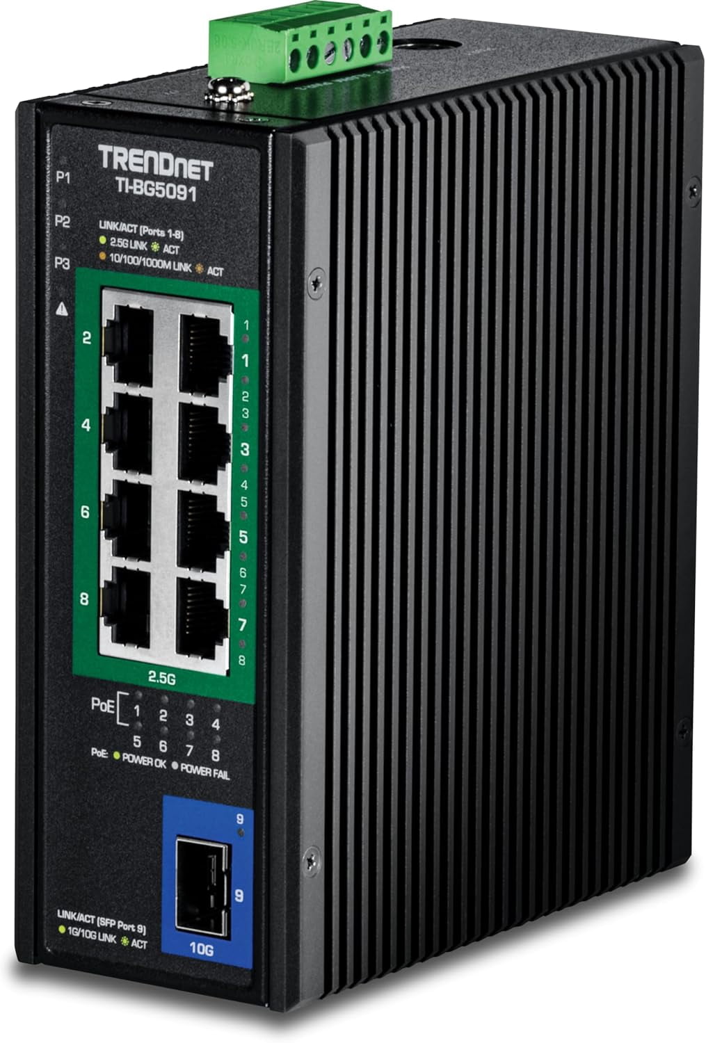 TRENDnet TI-BG5091, 9-Port Industrial 2.5G DIN-Rail PoE++ Switch with 10G SFP+ Port