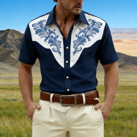 Western Cowboy Print Short Sleeve Shirt for Everyday Casual Wear Men’s Shirts Product Classification Crafted Button Front Design Fashionable Leisure Top
