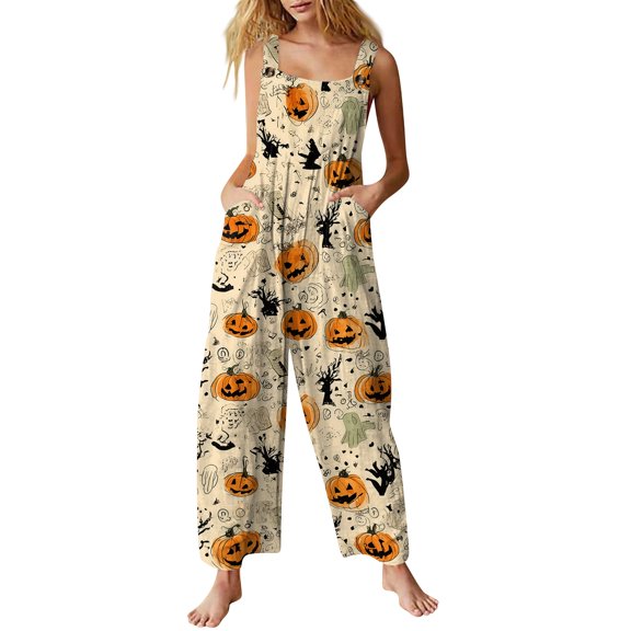 Women's Halloween Jumpsuits Castle Pumpkin Wide Leg Backless Funny Rompers Skull Bat Halter Spooky Overalls, 2XL
