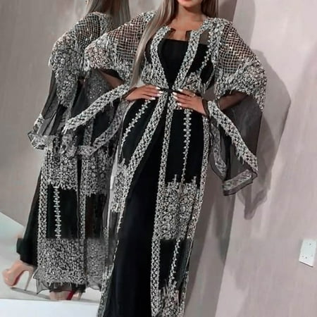 

ForestYashe Women Fashion Long Sleeve Sequin Mesh Suit Gown Long Two Piece Dress