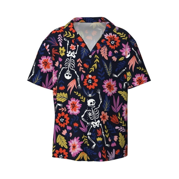 Naloa Dancing Skeletons Floral Garden Men's Loose Fit Cuban Collar Short-Sleeve Shirt with Button-down and Chest Pocket for Everyday Wear Outings - Small