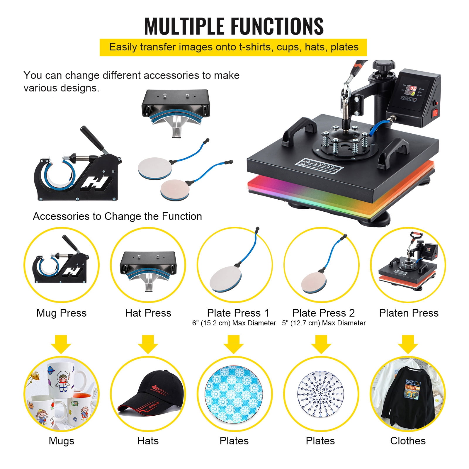 SKYSHALO 5 in 1 Heat Press, 15x15 Inch Multifunctional Clamshell Printer, Digital Panel Heat Press Transfer Machine, 360° Swing Away Sublimation Machine for T-shirt Hat Cap Mug Plate Bag