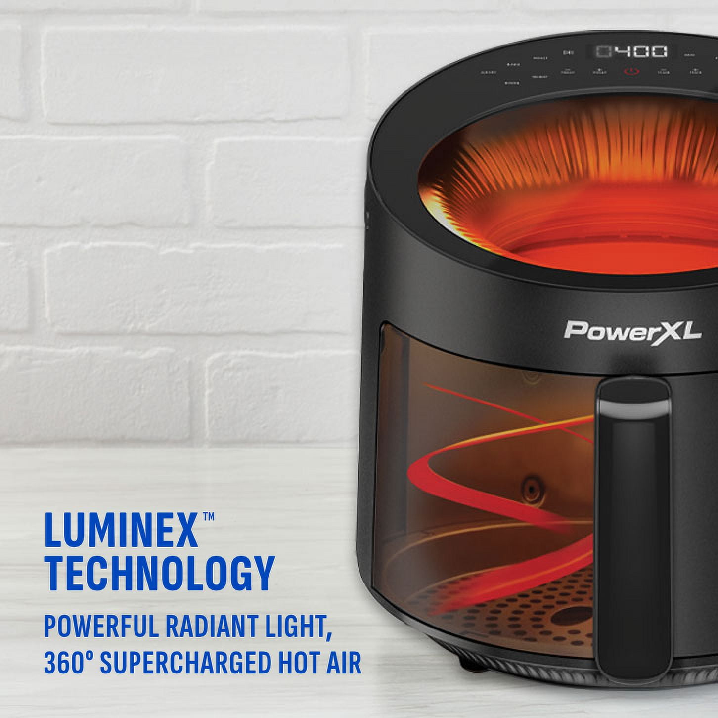 PowerXL LUMINEX 5.3 QT Radiant Light Air Fryer, Heats to 400°F in 2.4 Seconds, Auto Shut-off, 12 Quick-Touch Presets, Glass Skylight Window