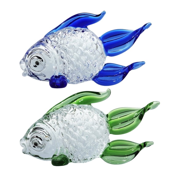 2Pcs Glass Fish Decorative, Crystal Handmade Glass Blown Table Decor, Collectible Ornament,Blue and Green