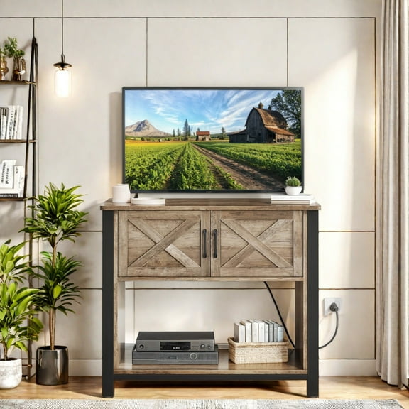 Uforic 40-Inch Farmhouse TV Stand with Power Outlet,Storage Cabinet,TV Cabinet for Living Room - Brown