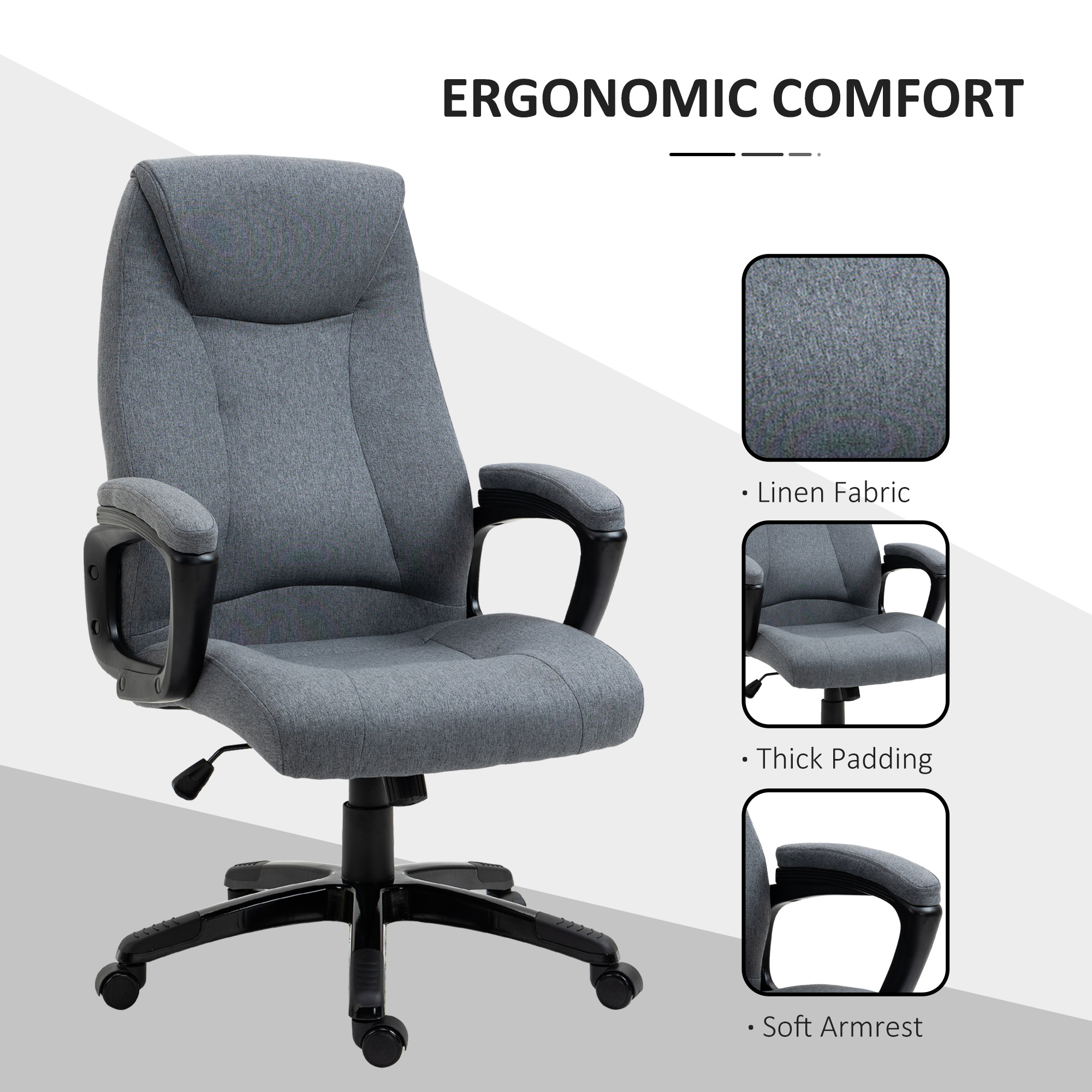 Vinsetto Fabric Home Office Chair, Computer Desk Chair with Tilt Function, Executive Chair with 360 Swivel, Adjustable Height, Padded Armrests and Headrest, Gray - image 2 of 9