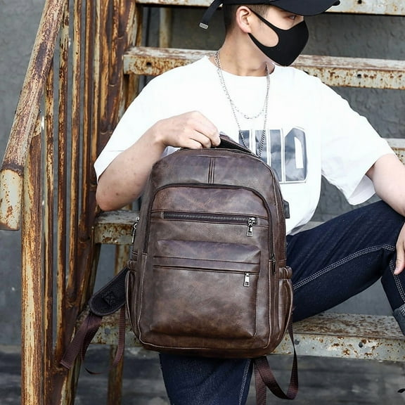 Retro Soft Leather Men's Backpack Fashion Business Travel Computer Bag,Light Brown