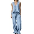 thumbnail image 2 of BRELIL Women's Two Piece Sets V Neck Sleeveless Tank Top Wide Leg Pants Casual Solid Boho Beach Loose Lounge Matching Outfits Vacation Travel Tracksuit, Sky Blue L, 2 of 9