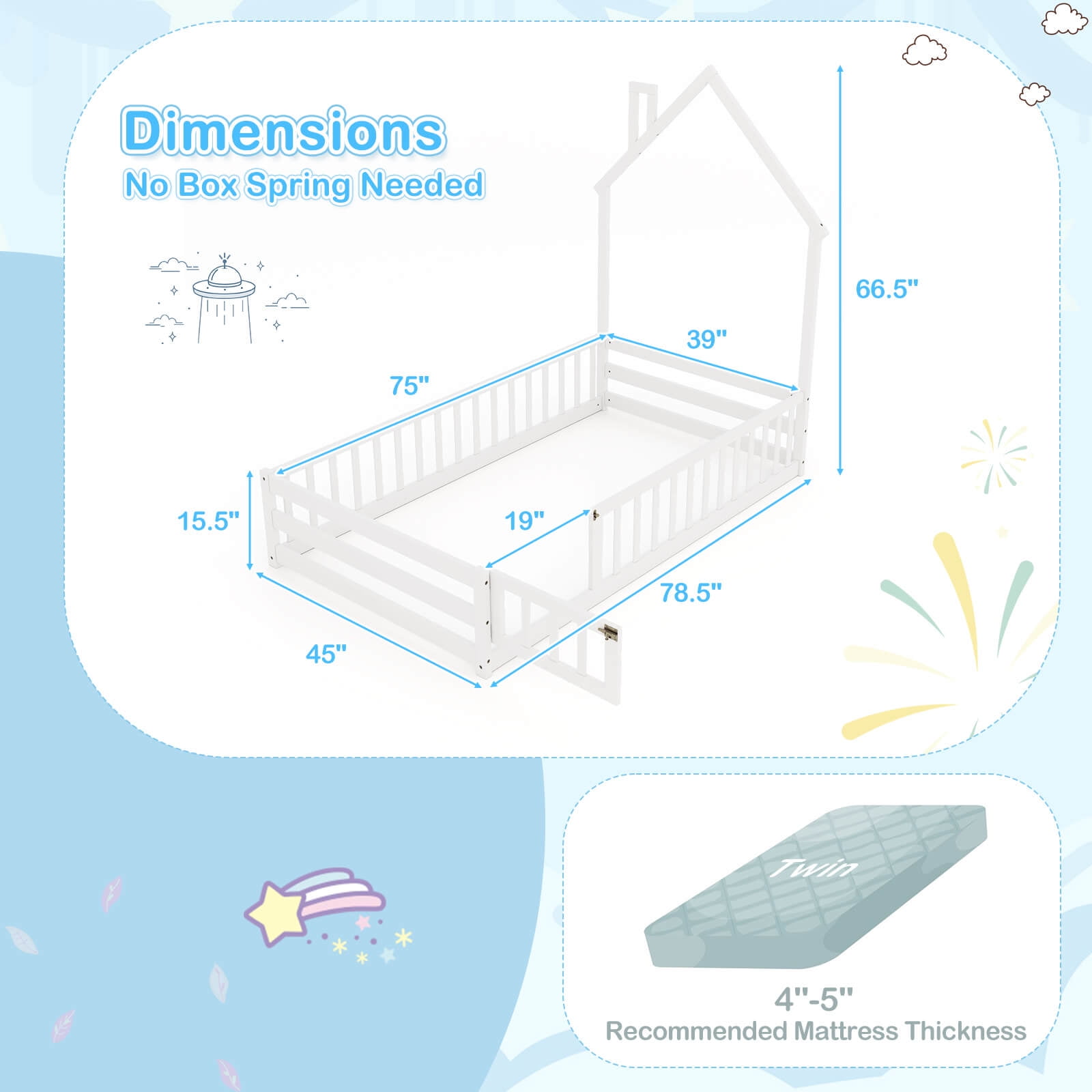 Costway Twin Size Montessori Floor Bed for Toddler with Lockable Door Full-Length Guardrail White