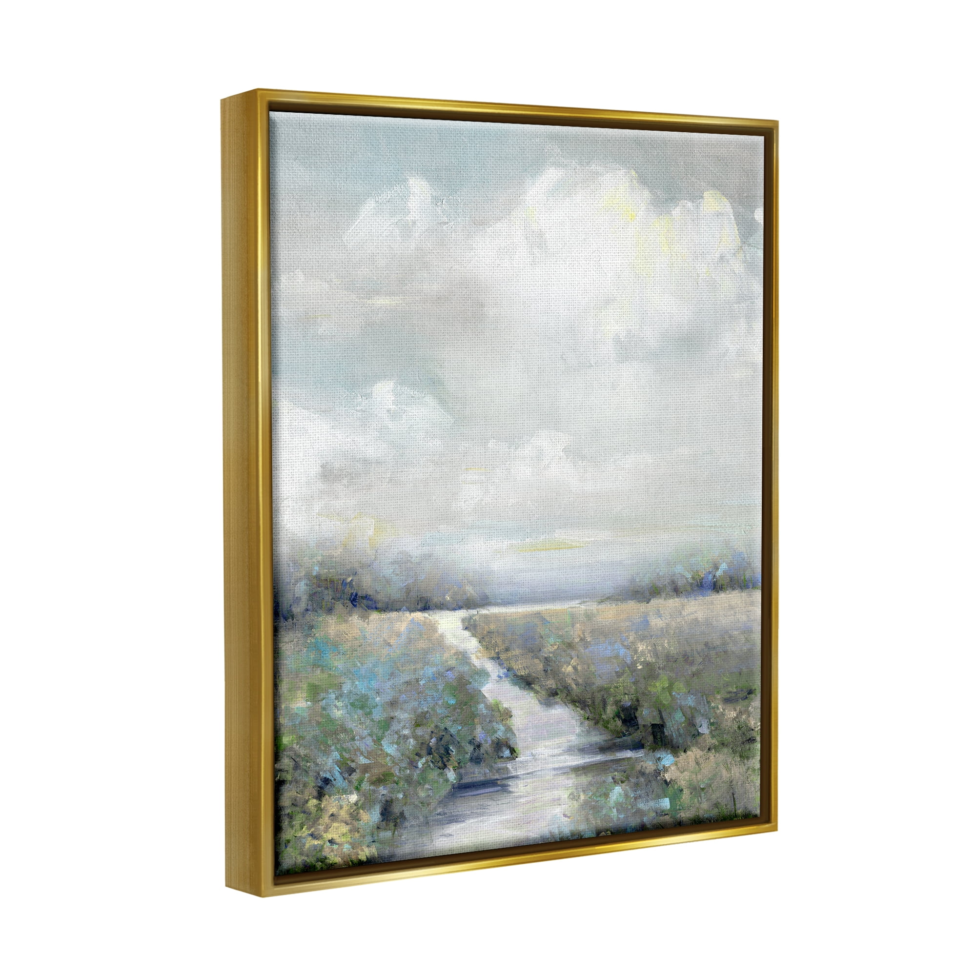 Stupell Industries Tranquil Flowers Blooming Meadow Path Puffy Clouds Painting Metallic Gold Floating Framed Canvas Print Wall Art, Design by Sally Swatland