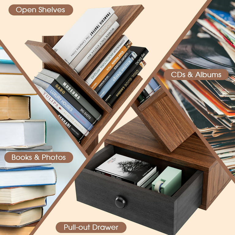 5-Tier Tree Bookshelf with Wooden Drawer Display Storage Organizer Rack  Brown