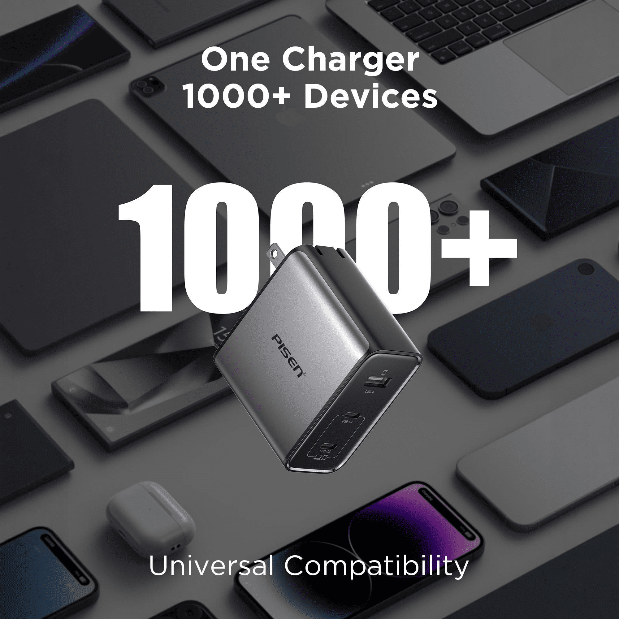 PISEN 100W USB C Charger - 3-Port GaN USB C Charging Block with 6FT Type C Cable, Foldable Plug phone charger,100W Fast Charging for iPhone 17/16 and more serie, Samsung, Pixel, iPad