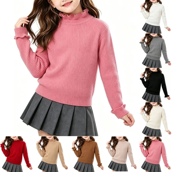 hengsof Girls' Sweaters Casual Long Sleeve Ruffle Knit Pullover Sweater Kids Fall Winter Warm Solid Color Crew Neck Jumper Top