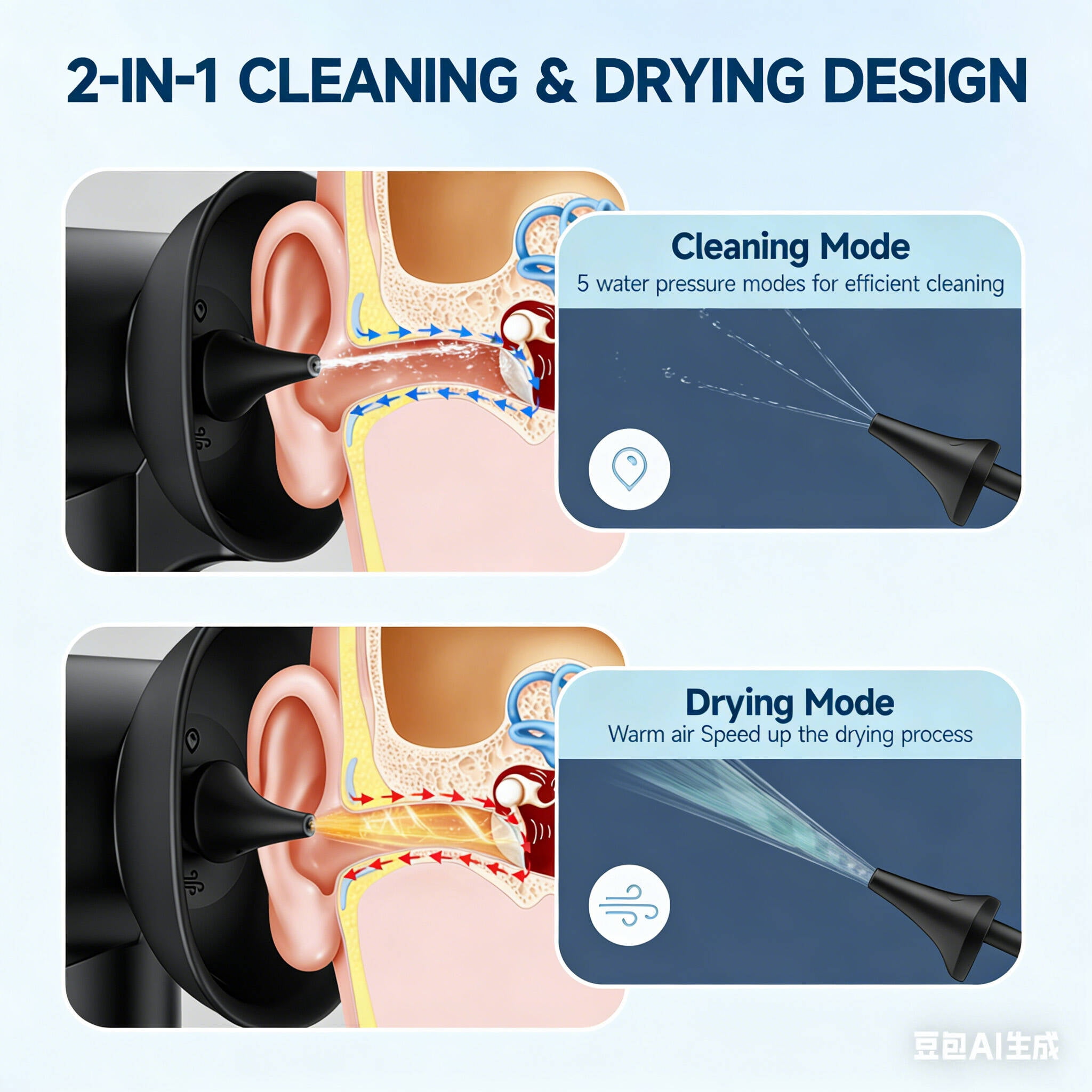Morfone Upgraded Ear Wax Removal, 2 in 1 Cleaning & Drying Ear Cleaner, Effective Ear Cleaning Kit with One-Piece Waste Tank, Safe Ear Irrigation with 5 Pressure Settings, IPX7