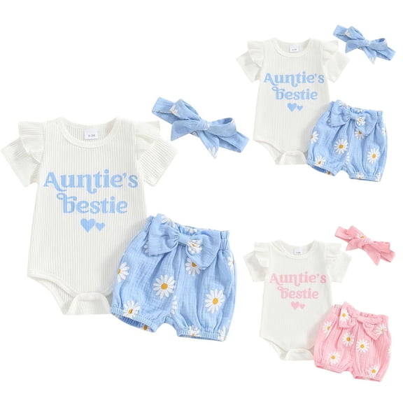 Ulanda Aunties Bestie Baby Clothes Girl Newborn Infant Girls Summer Outfit Short Sleeve Romper Daisy Short Headband Set (Pink, 3-6 Months)