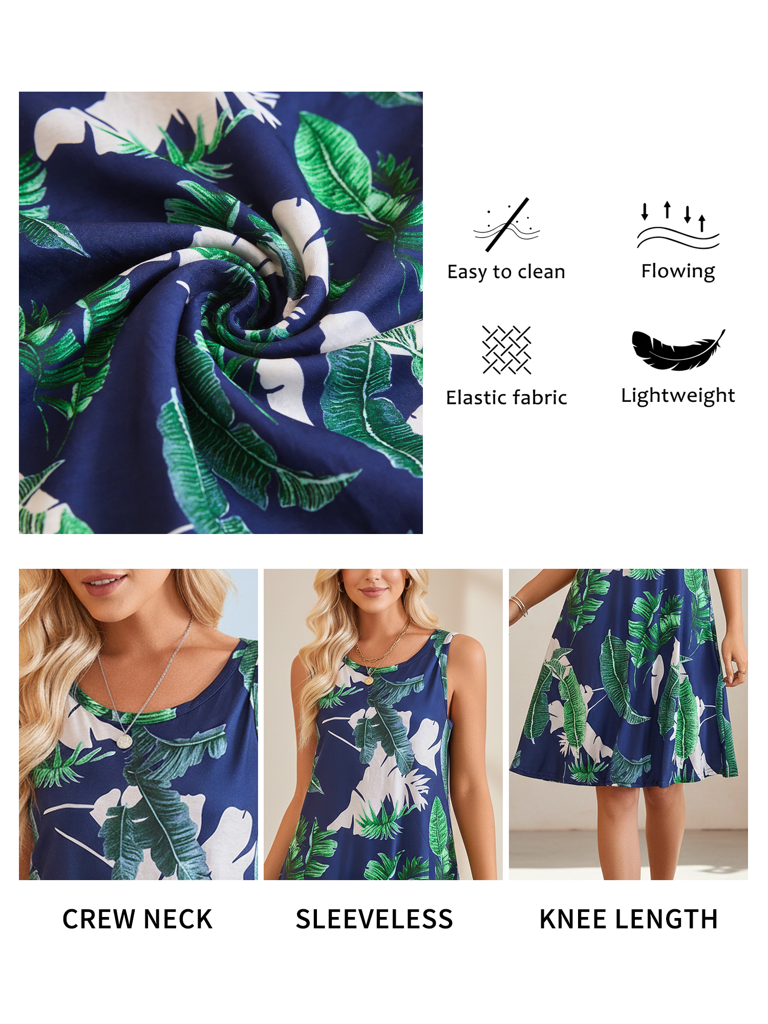 Fancyglim Women's Summer Tank Dress with Pockets, Blue Leaf photo 5