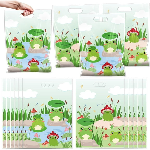 Frog Party Favor Gift Bags - 50 Pcs Summer Plastic Goody Candy Treat Bags Frog Pattern Theme Party Favors Animal Lover Cute Cartoon Decorations for Birthday Baby Shower
