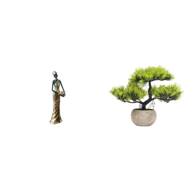 Escultura de mujer tribal africana con bonsái artificial. Figura decorativa ligera para el hogar, hoteles y centros de mesa.