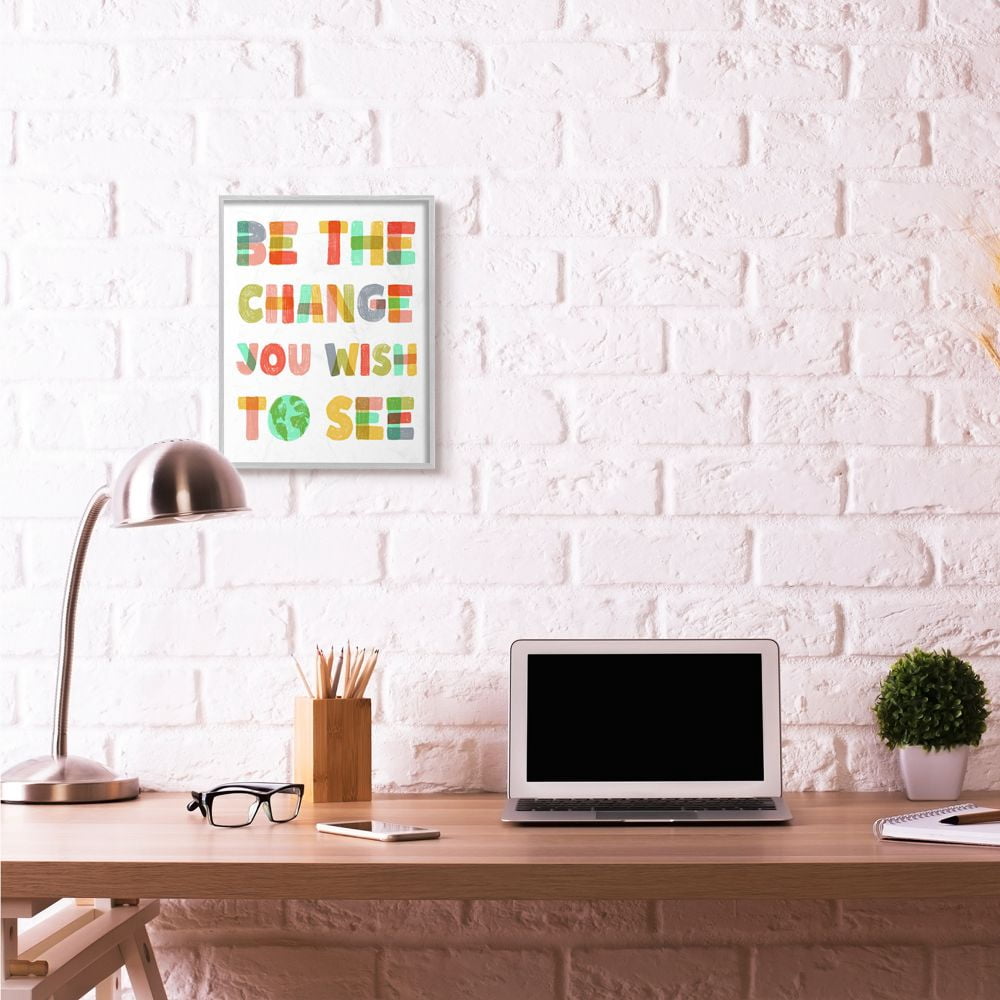 Be The Change Rainbow Pastel Letters Kids Inspirational Word Design Gray Farmhouse Rustic Oversized Framed Giclee Texturized Art by Daphne Polselli