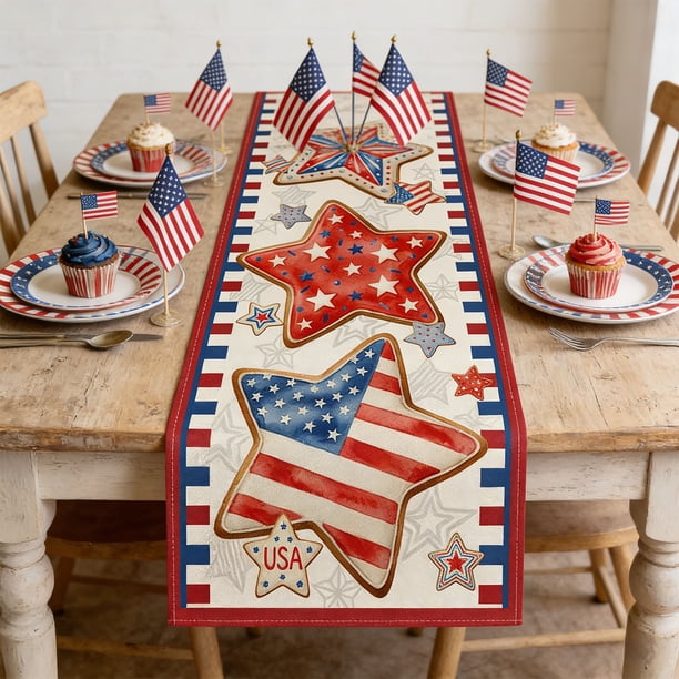 CaiYueKe Independence Day Table Runner Red Patriotic 13x72 Inch , Linen 4th of July Table Decoration ,Red White and Blue Patriotic Table Runners for Holiday Decor Dinging ,Party ,Kitchen
