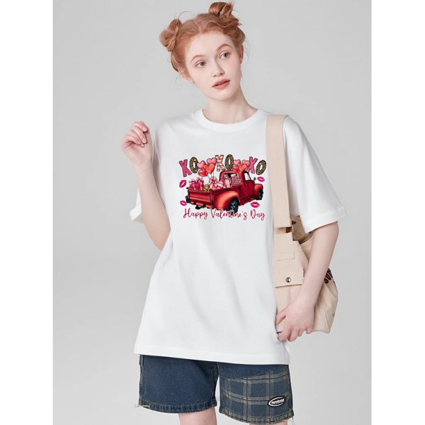 Valentine's Day Love Cartoon Car Print T-Shirt - Women's Short Sleeve Crew Neck Casual Top for Spring & Summer, 100% Cotton Tee For Adult, Men, Women, Teen, Teenager, Adolescent, Youth