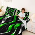 thumbnail image 4 of Manfei Gradient Stripes Queen Sheets, Shiny Abstract Lines Queen Sheet Sets, Green, Black and Silver, Black Reversible 4pcs1 Flat Sheet + 1 Fitted Sheet + 2 Pillowcases, 4 of 6