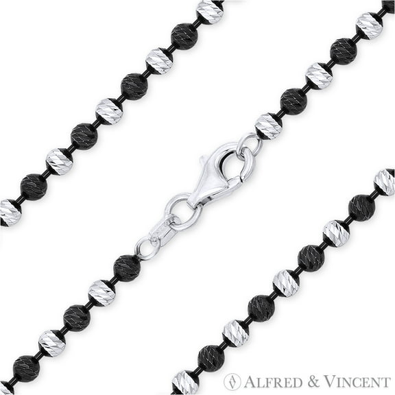 3mm Catena Ball Bead Link Italian Chain Necklace in 2-Tone .925 Sterling Silver w/ Black Rhodium