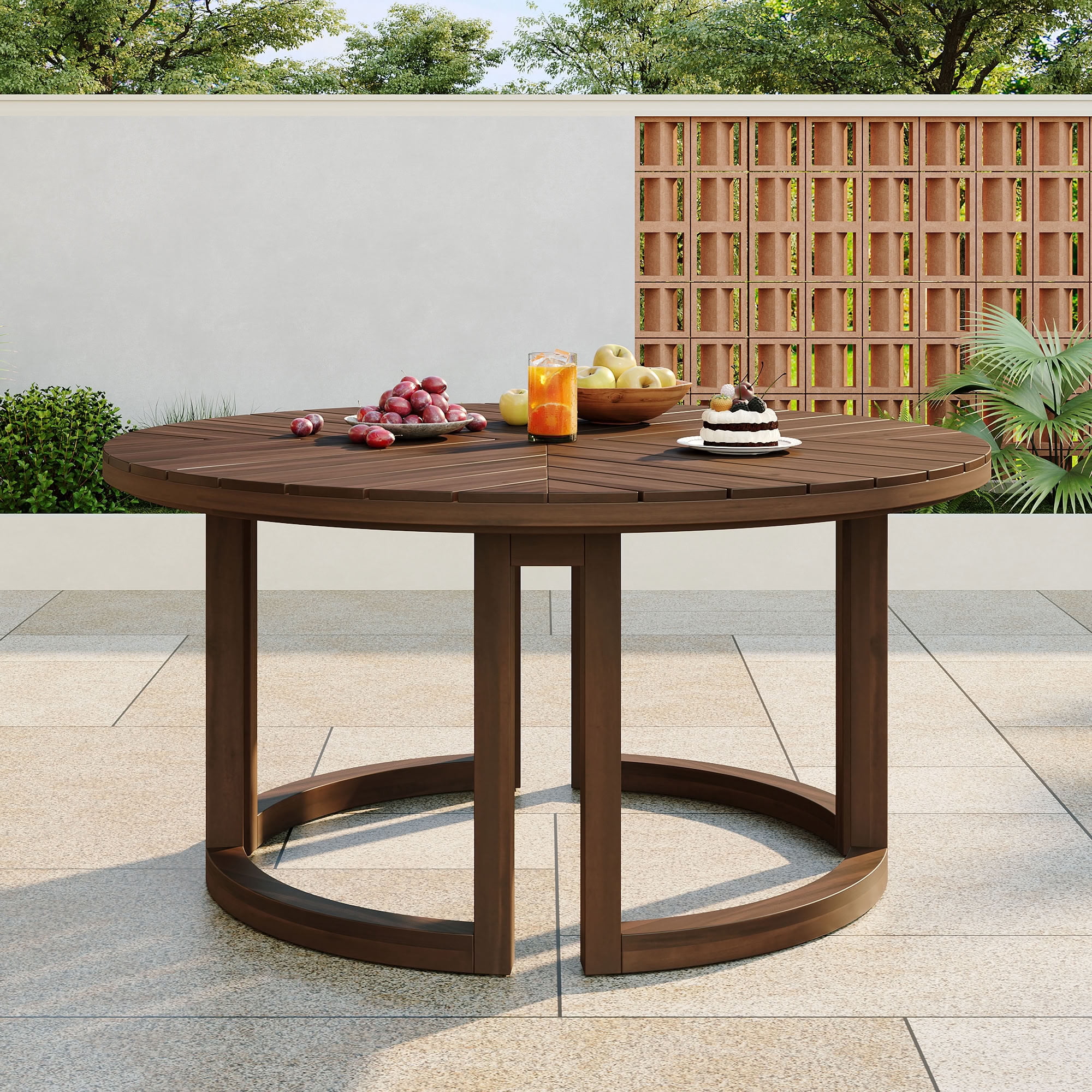MAYEERTY 59" Round Patio Dining Table, Wood Dining Table with Umbrella Hole for Garden, Patio, and Poolside