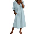 thumbnail image 2 of Summer V Neck Midi Dress for Women 3/4 Sleeve Solid Cotton Linen Dresses Casual Loose Beach Vacation Dresses with Pocket, XL, 2 of 5