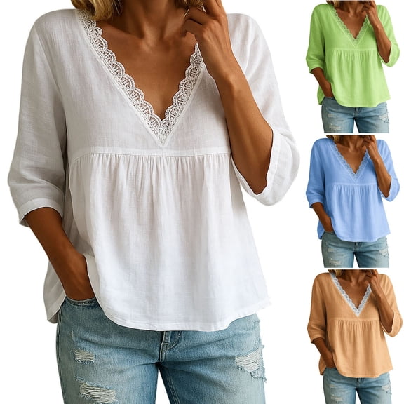 Mifsaly Cotton Linen Tshirts for Women 3/4 Sleeve Lace V-Neck Summer Tops Lightweight Elegant Work Blouse Flowy Loose Vacation Tshirts 2026 Fashion Outfits M