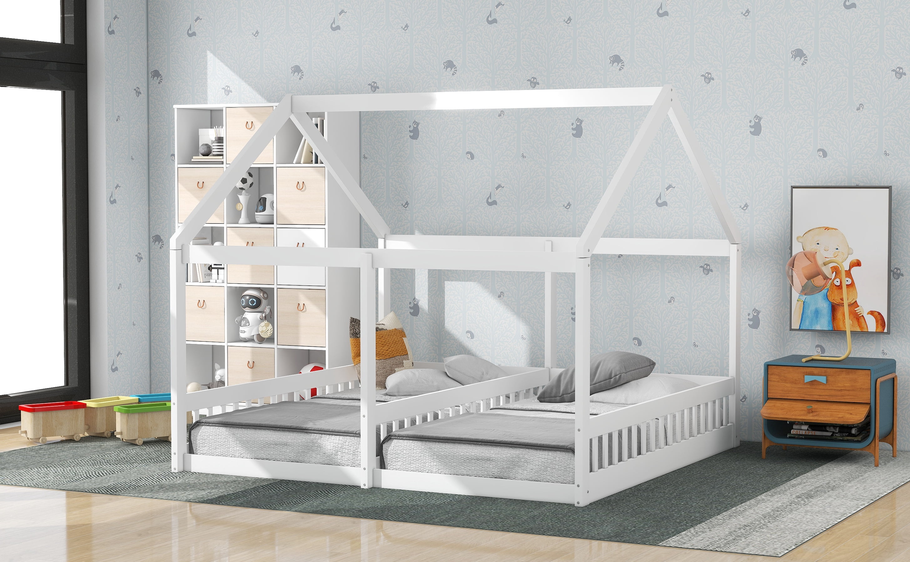 Euroco Modern Wood Two Beds in One Canopy Platform Bed, 2-in-1 Twin Size Bed for Kids Teens Bedroom, White