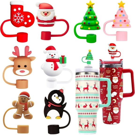8PCS Christmas Straw Toppers for Stanley Cup Christmas Holiday Straw Covers for Stanley 30oz & 40oz Tumbler with Handle,10 mm Silicone Straw Covers Cap for Christmas Gifts Party Decor