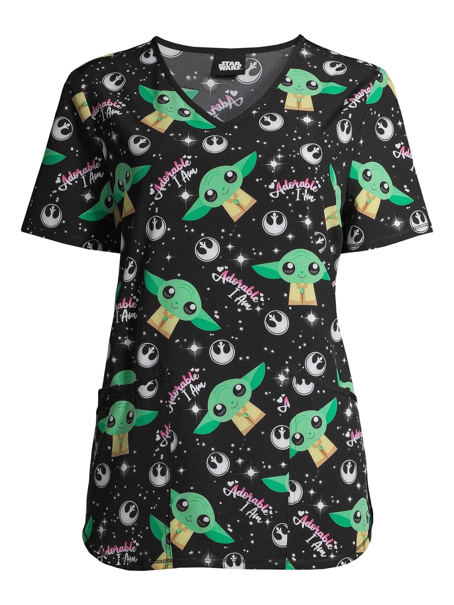 Scrubstar Women's Star Wars Yoda "Adorable I Am" V-Neck Print Scrub Top