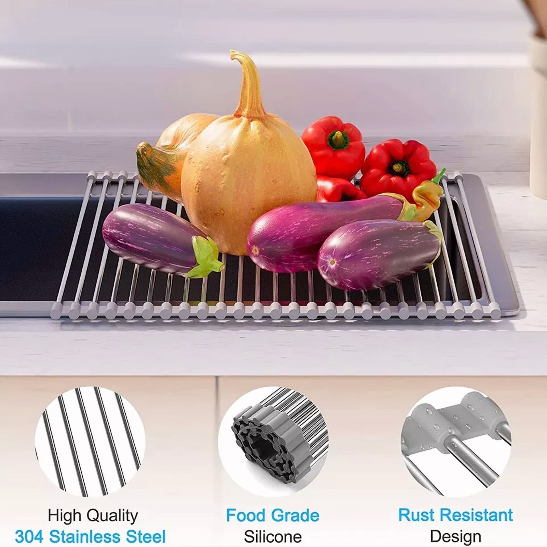 CRESTIN- Kitchen Over The Sink Drying Rack Dish Food Drainer Stainless Steel Roll Up Gray