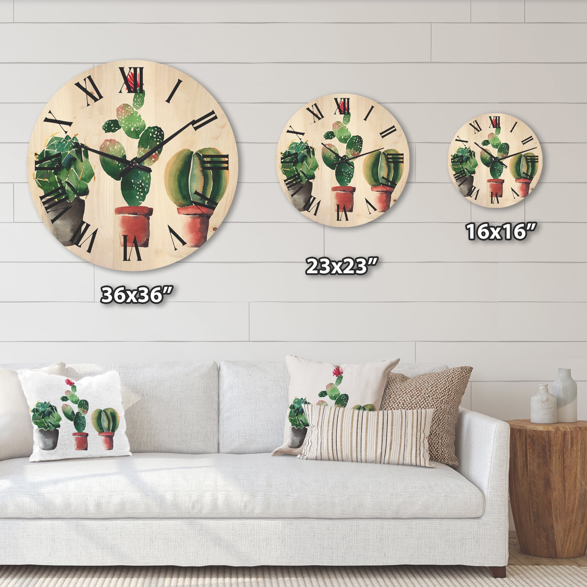 Designart 'Three Cacti In Clay Pots On White' Traditional Wood Wall Clock