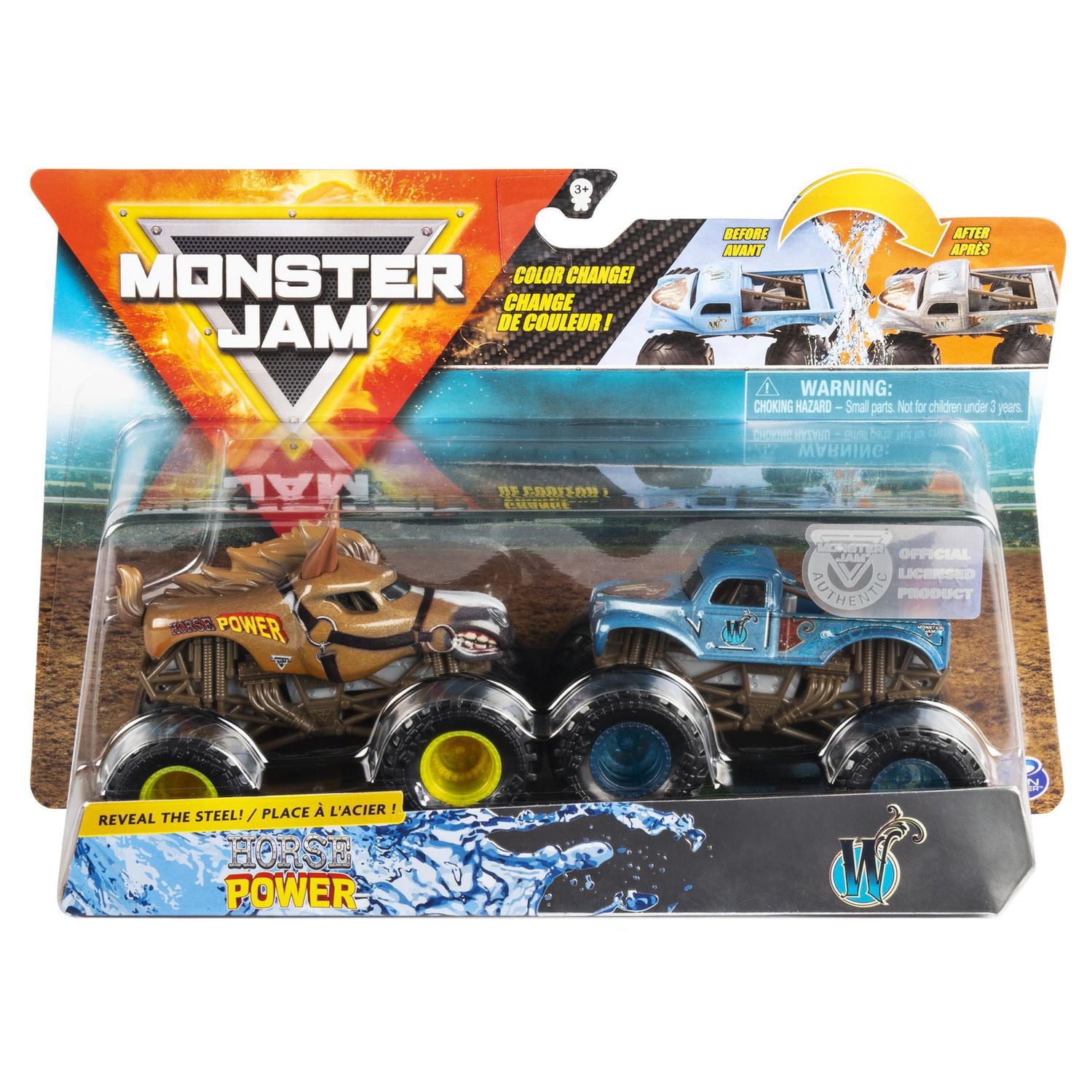 Monster Jam, Official Horse Power vs. Whiplash Color-Changing Die-Cast Monster Trucks, 1:64 Scale
