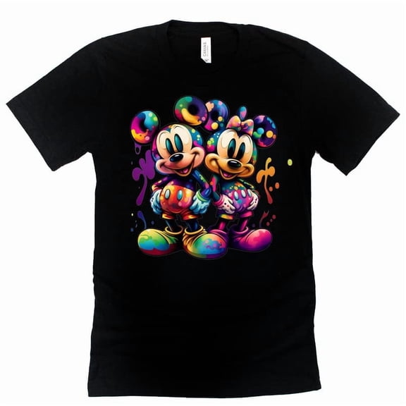 Mickey Minnie Paint Splash Color Shirt, Magic Kingdom Unisex Shirt Casual Short Sleeve Shirt (Black-2X Large)