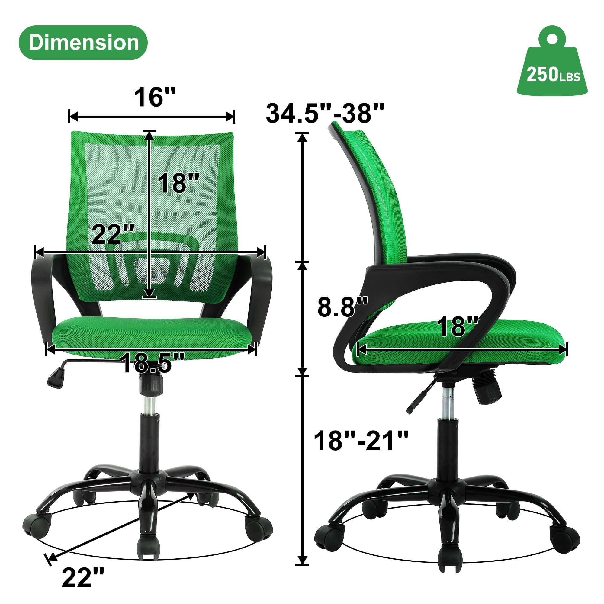 CL.HPAHKL Ergonomic Desk Chair, Mid-Back Mesh Office Chair with Wheels, Rolling Swivel Computer Task Chair for Home Office, Fixed Armrests, Tilt & Height Adjustable, Green
