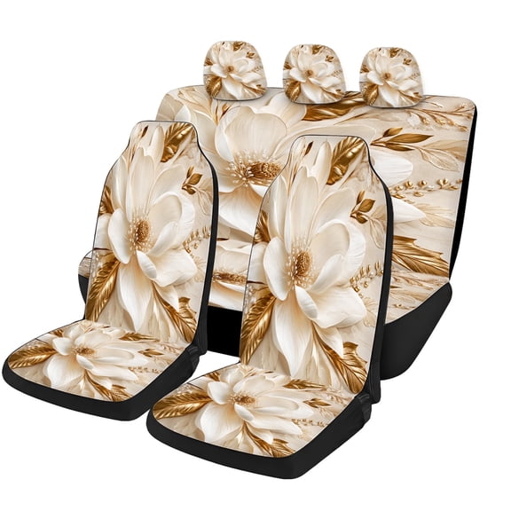Classic Ivory Gold Magnolia Car Seat Covers Full Set, Universal Auto Seat Covers with Front Seat Covers, Rear Bench Cover and Headrest Covers for Cars SUVs Trucks Vans