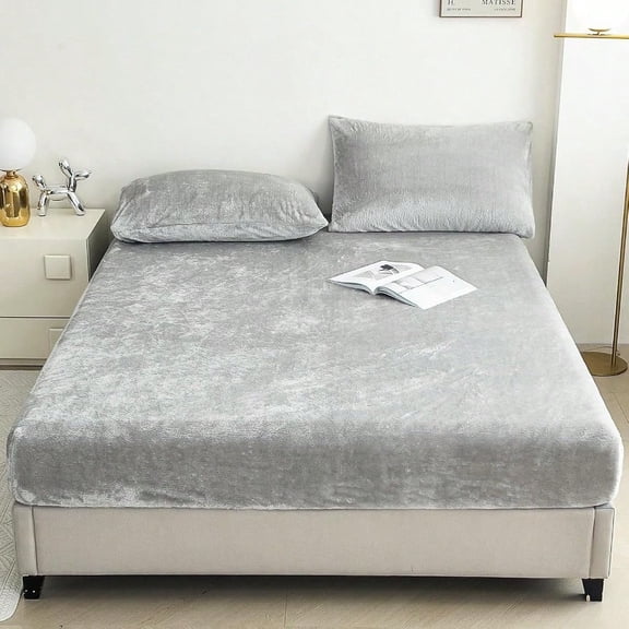 Fleece Fitted Sheet Only Ultra Soft Fluffy Plush Veet Deep Pocket Fitted Bottom Sheet for Fall Winter Cozy Warmth and No Shedding Light Gray Queen