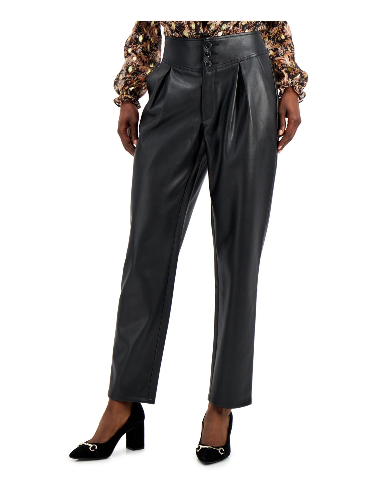 INC Womens Black Faux Leather Pleated 