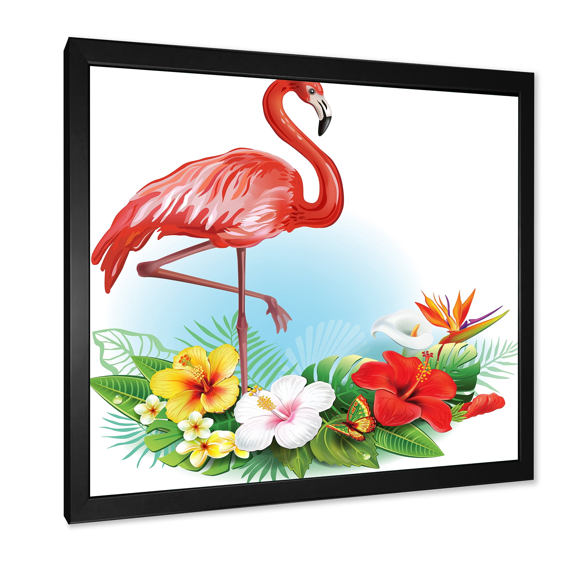 Designart 'Arrangement with Flamingo and Tropical Flowers' Traditional Framed Art Print