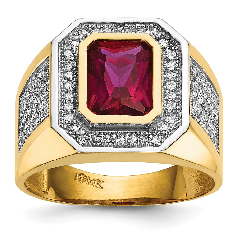 Solid 14k Gold CZ Cubic Zirconia & Emeraldcut Red CZ Cubic Zirconia Mens Ring (4mm) Size 8