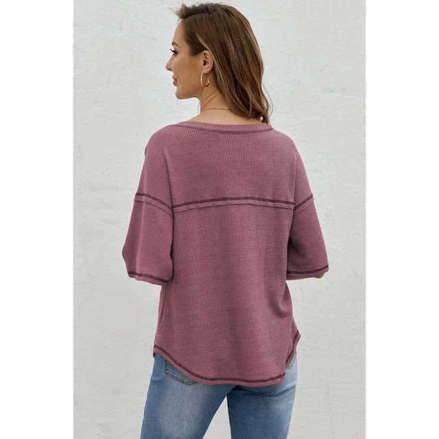 ABPHQTO Camiseta de punto de manga corta con cuello en V para mujer