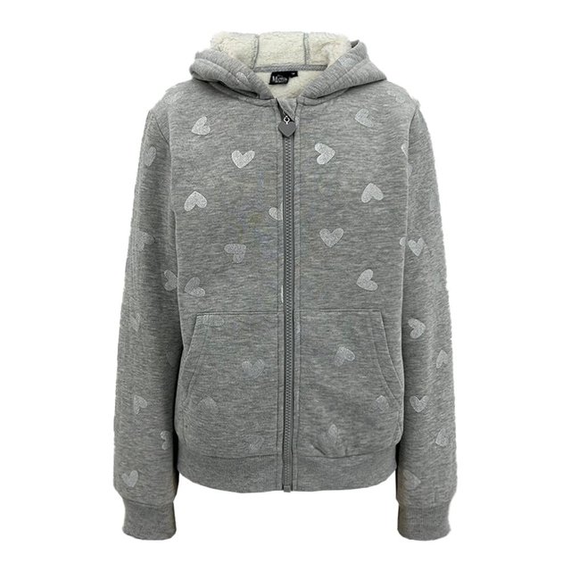 Susadera George para niña talla 4 color gris con diseño de corazones, capucha forrada con tela polar, cierre frontal completo y dos bolsillos frontales. Ideal para uso diario en otoño e invierno, cómoda para actividades deportivas y viajes.